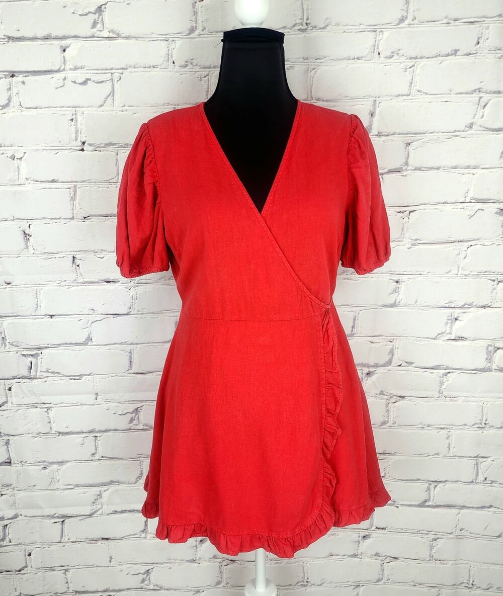 Zara Dress Womens L linen blend wrap Red Ruffle puff sleeve cottagecore